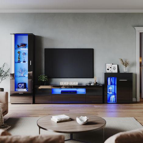 ELEGANT 1800mm High Gloss LED TV Unit Stand Cabinet Sideboard Display Cabinet with 5mm Tempered Glass Living Room Home Furniture Black Set 3