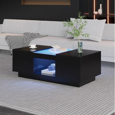 Tavolino da caffè 100x50x35.5 cm nero in pannello truciolare con vetro, LED controllati da app, 2 cassetti e 1 vano aperto (1/5)