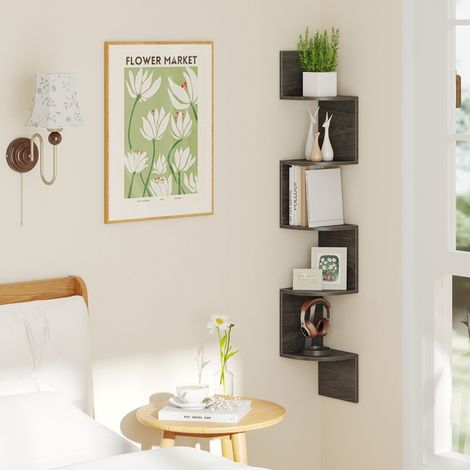 Étagère d'Angle à 5 Niveaux Étagère Murale Flottante Organisateur de Rangement Mural Support en Bois Design Moderne Gris (1/3)