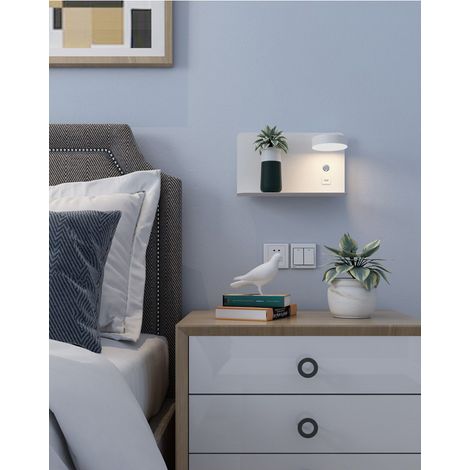 Applique Murale Intérieure LED 1 Pièce avec Interrupteur et Interface USB, Applique Murale de Chevet Tricolore 12W Dimmable, avec Lampe de Lecture de Plateau, Lampe de Chevet, Blanc-32199cm