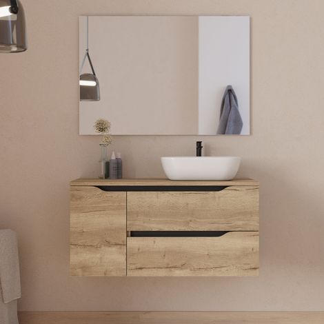 Meuble de salle de bain 100cm avec plateau, vasque à poser déportée à droite Zeus et miroir - 2 tiroirs et un placard - madera miel (bois clair) - ZARZA
