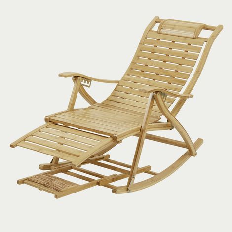 Unho – Chaise longue à bascule pliant en bambou – Accoudoirs incurvés ergonomiques – Repose-pieds de massage – Charge maximale 200kg (1/5)