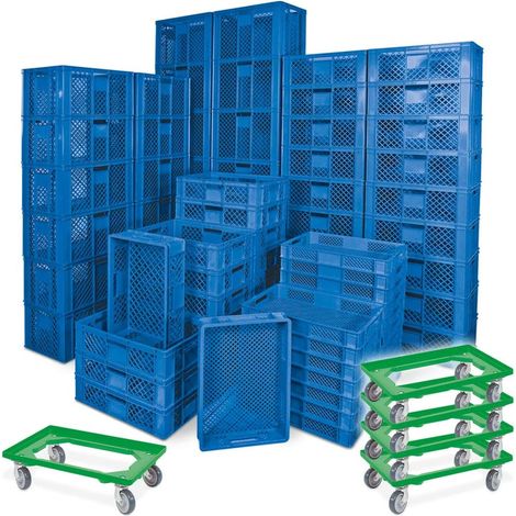 BRB 78 Stück Stapelkörbe/Bäckerkästen in 5 Größen, Grundmaß LxB 600x400 mm, H 90 mm, 150 mm, 240 mm, 320 mm, 410 mm, + 5x Transportroller grün (blau)