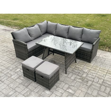 Fimous Outdoor Gartenmöbel-Set Ecksofa Set mit Länglicher Esstisch 2 kleine Fußhockern 8 Sitzer Dunkelgrau gemischt