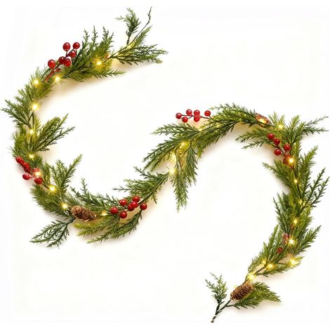 Guirlande de Noël avec éclairage 1,8 m, 35 LED, Guirlande artificielle en sapin avec baies rouges et pommes de pin, décoration de Noël pour cheminée, couronne de l'Avent (1/5)