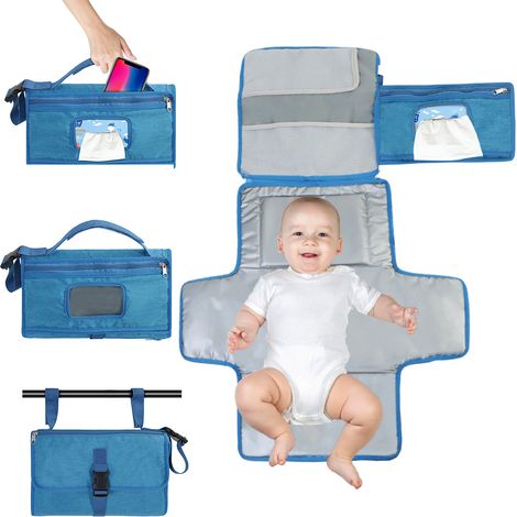 NineClouds Matelas à langer portable, matelas à langer portable pour nouveau-né fille et garon - Matelas à langer bébé avec poche pour lingettes intelligentes(bleu) (1/5)