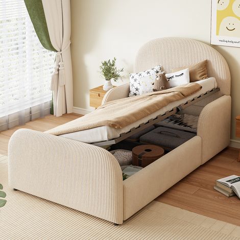 Kinderbett gepolstert 90x200 cm mit hydraulischem Stauraum, Samt beige, hohes Kopfteil und Seitengitter (1/5)