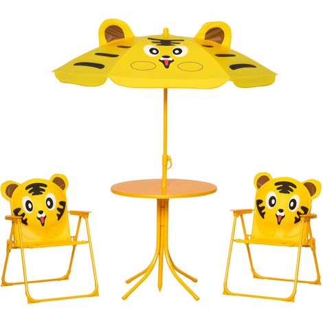 Ensemble de jardin 4 pièces pour enfants comprenant 2 chaises, un parasol et une table ronde, en tissu Oxford acier et jaune. (1/5)