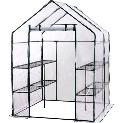 Gardiun – Serre de jardin polycarbonate 4 étagères 143x143x195 cm – Structure acier – Couverture PVC transparente – Protection contre intempéries