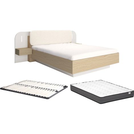 Letto con comodini 160 x 200 cm - Con LED - Colore: Beige e naturale + Rete + Materasso - LYORIMA
