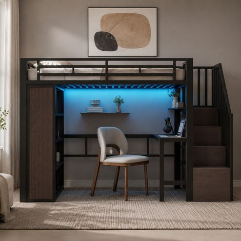 Cama alta 90x200 cm de metal y MDF con escritorio, estantes, escalera con almacenamiento y tira LED, sin colchón, color negro, ideal para dormitorio juvenil  CHICFURN (1/5)