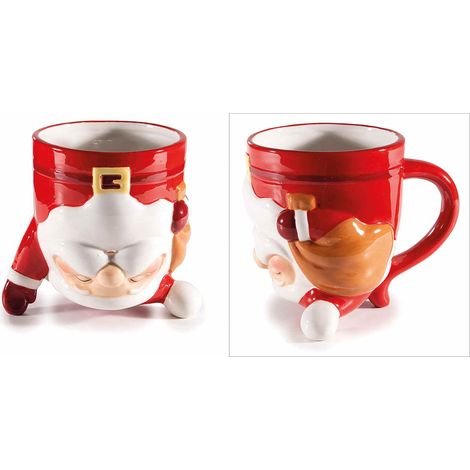 Tasses Père Noël tête en bas en céramique colorée avec décors en relief, lot de 4, diam. 10 cm x H. 12 cm