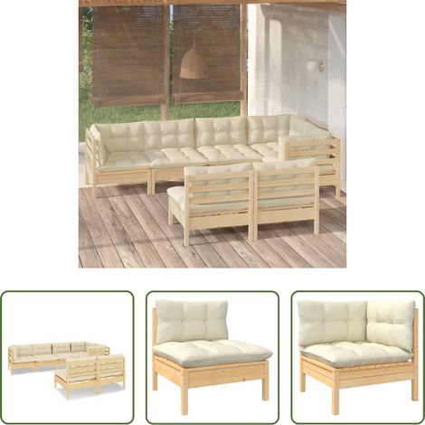 Terrassensofa - 7-tlg. Garten-Lounge-Set mit Creme Kissen Massivholz Kiefer (1/5)