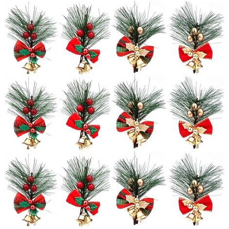 Branches de Pin de Noël Baies 12 Pièces Pics de Pin Artificiels de Noël avec Baies Rouges/Or et Arcs Branches de Baies Rouges de Noël pour Arrangements d'Arbres de Noël Décorations de Couronnes (1/5)