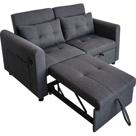 Divano Letto 3 in 1 con Schienale Regolabile, Porte USB, Tasche Laterali e Cuscini, in Cotone e Lino Grigio (1/5)