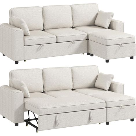 Pour Petits Espaces Canapé-Lit d'Angle 3 Places Système Coulissant Facile avec Pouf Coffre Réversible Chenille (1/5)