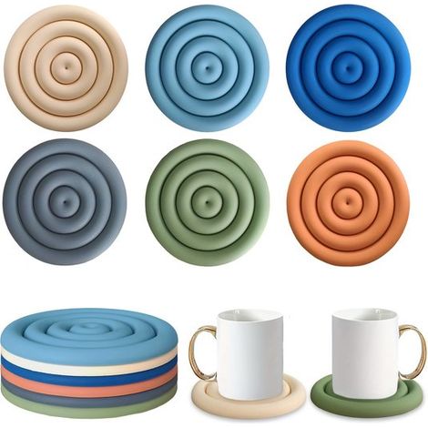 Set di 6 sottobicchieri rotondi in silicone (14,5 cm), dal design concavo moderno, resistenti al calore e antiscivolo, disponibili in 6 colori vivaci, ideali per bicchieri, tazze e pentole. (1/5)