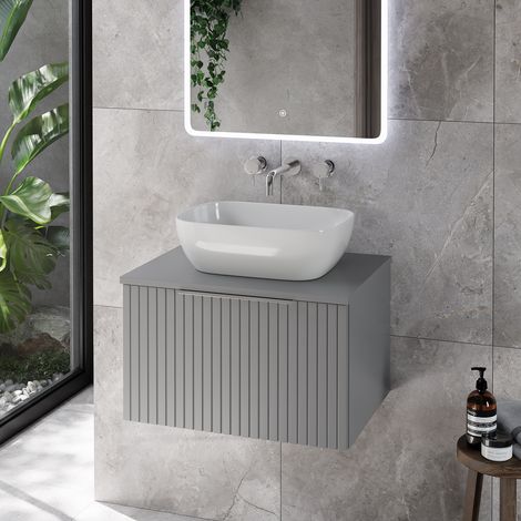 Helix 460 Fluted Pebble Grey 600mm Wall Mounted 1 Drawer Vanity Unit for Countertop Basins