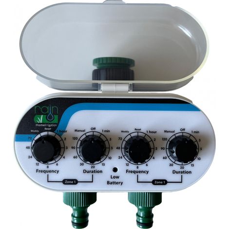 Outile – Programmateur d'arrosage 2 voies 3/4 – Alimentation 2 piles AAA – Pression 0.5 à 8 Bars – Débit max 30L/min – Résistance IPX6 (1/2)