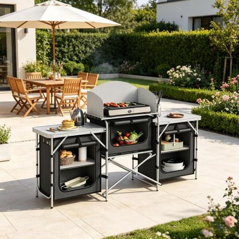 Meuble de cuisine, poste de cuisine extérieur pliable, îlot de cuisson extérieur stable avec système d'étagères intégré, îlot de cuisine de camping compact (avec meuble de cuisine uniquement) Sur plac (1/5)