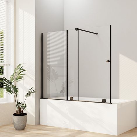 Badewannenaufsatz mit Schiebetür 115x140 cm Duschwand für Badewanne Schwarz Duschtrennwand Duschabtrennung aus 6mm ESG Sicherheitsglas