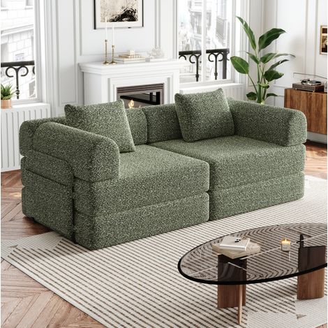 Canapé 2-en-1 convertible, avec rangement dans l’accoudoir, structure en acier, chenille verte (1/5)
