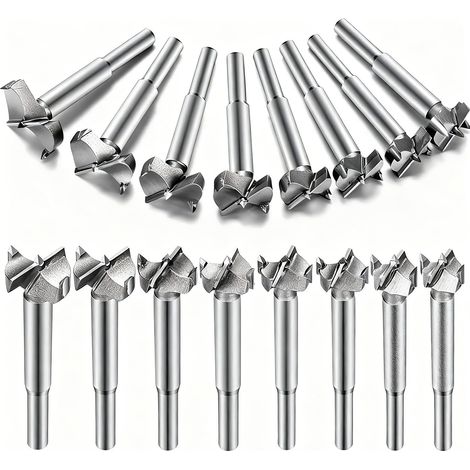 Set di 16 punte per legno in acciaio al tungsteno, lunghe 80 mm, per realizzare fori puliti e dal fondo piatto nel legno.