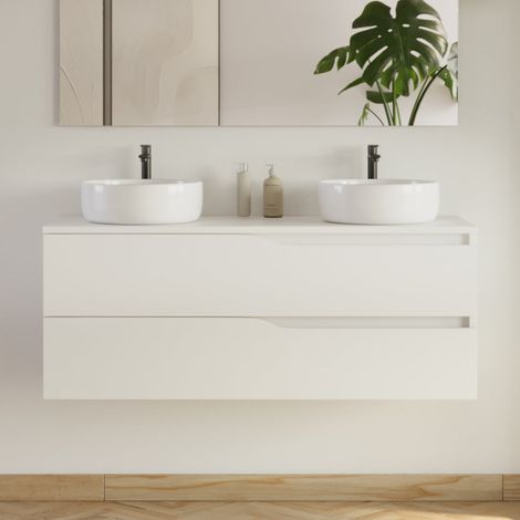 Meuble de salle de bain 120cm avec plateau et 2 vasques à poser Ares - 2 tiroirs - sans miroir - blanc - LUNA (1/5)