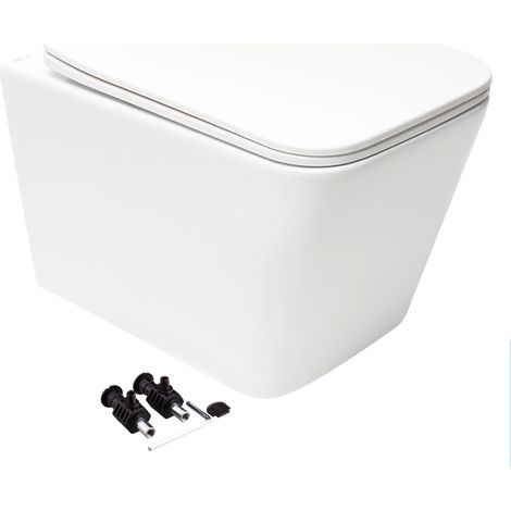 Square Hidden Fixation Wall Hung Rimless Toilet WC Pan & Soft Close Slim Seat - Gloss White (1/5)