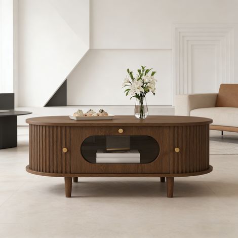 Table basse 100x50x36 cm pour salon, finition noyer, avec tiroir, porte coulissante, table d’appoint avec 4 pieds de support, couleur noyer