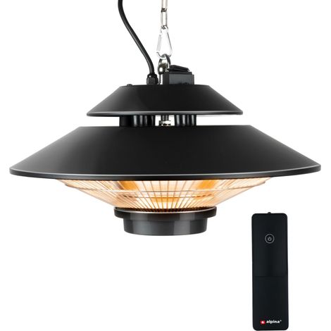 ALPINA GS-1500 Riscaldatore a infrarossi 1500W per uso interno ed esterno con telecomando certificato IP44, montaggio a soffitto, diametro: 42,5 x 12,5 cm, nero (1/5)