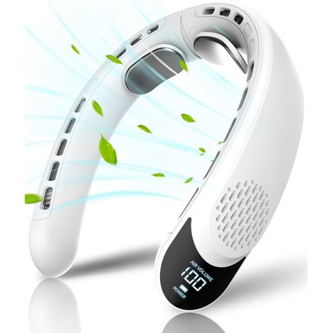 Ventilador de cuello sin aspas, portátil con 4 turbinas, batería de 4000 mAh, recargable por USB, 3 velocidades, flujo de aire de 360°, pantalla LED, ideal para el hogar, la oficina y viajes. (1/5)