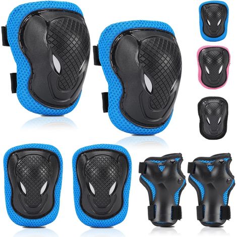 Ginocchiere, gomitiere e protezioni per i polsi regolabili, blu e nere, per bambini. Set di protezioni per pattinaggio a rotelle, skateboard e pattinaggio in linea. (1/4)