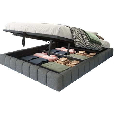 Lit coffre 140x200 avec LED, cadre de lit flottant en tissu gris, sans tête de lit, rangement hydraulique, structure métal 250 kg pour chambre  CHICFURN (1/5)
