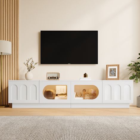 Mueble tv bajo ovalado 180x40x40cm para television hasta 75 pulgadas salon estilo bohemio mdf y rattan - madera clara (1/5)