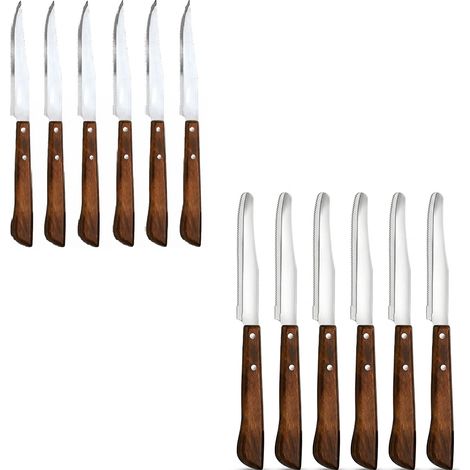 Set 12 Coltelli da Tavola Professionali in Acciaio Inox AISI 420 Made in Italy 6 Punta Arrotondata e 6 Punta Carne Pizza Manico Marrone Effetto Legno Durofol 22 cm  per uso quotidiano o domestico