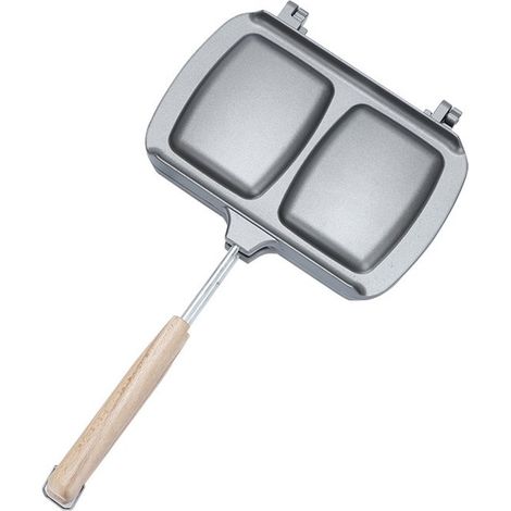 Sandwichera，Sartén de doble cara，Preparadora de desayunos，Plancha para sándwiches，Gris，Con mango de madera，Aleación de aluminio，20 x 16,5 cm (1/4)