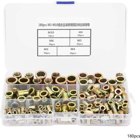 180pcs M3-M10 Rivet Nut Kit Zinc Plated Carbon Steel Flat Head Threaded insert Rivet Nutsert