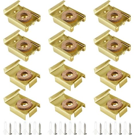 3 Ensembles (12 Pièces) Kit de Montage Mural en Verre, Clips de Suspension à Miroir, Clips de Montage Miroir, Fixation Miroir Mural, avec Chevilles et Vis, pour Miroir, Or (1/5)