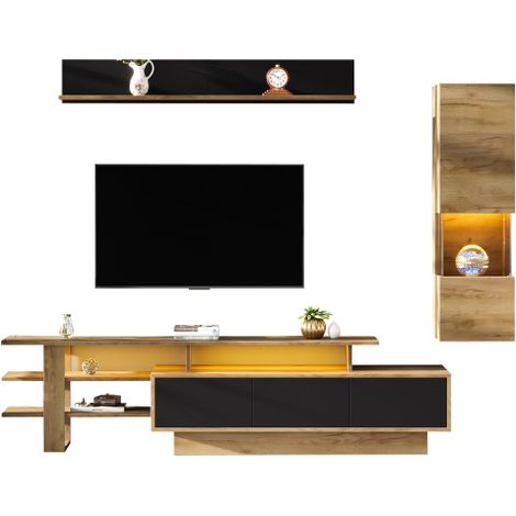 Ensemble meuble TV 3 éléments LED, design bois et noir jusqu’à 80 pouces