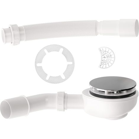 1 Kit bonde, siphon 90 mm, débit 37,2 L/min, couvercle chromé, filtre cheveux, receveur douche plat