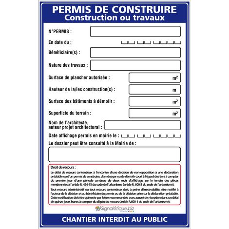 Signaletique.Biz France – Panneau permis de construire 80x120 cm – Akylux résistant aux intempéries – Marqueur noir inclus pour personnalisation – Installation facile - W1032