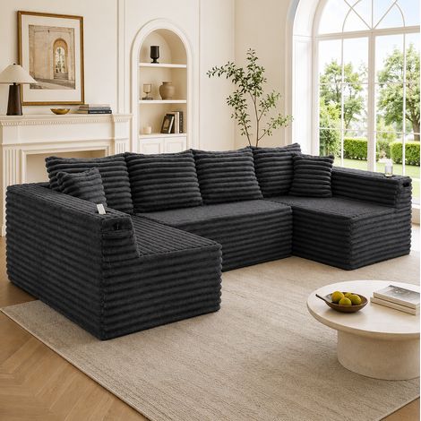 Sofá modular en U (320x155x88 cm), con portavasos y bolsillos laterales, 4 cojines, pana gris oscuro (1/5)