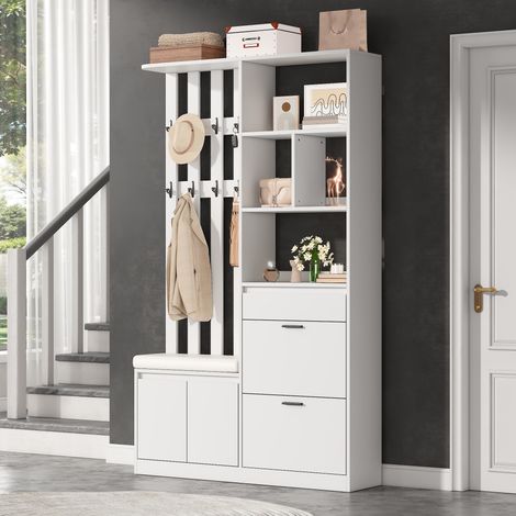 Garderobe d'Entrée Multifonctionnelle 120×30×200 cm – MDF Stable, 10 Crochets, Banc Matelassé, 2 Casiers Rabattables & Tiroir Extensible (1/5)