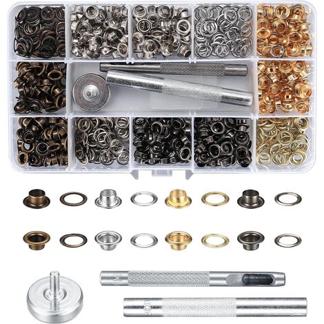 400 Pièces Kit de Grommets Eyelets Outils, Trousse à œillets Eyelets Outils pour Bâche en Tissu, Bricolage, Craft, Toile, Tente - 4 Couleurs (1/5)