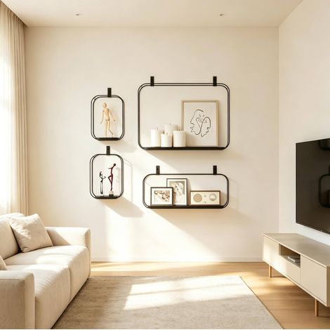 Set di 4 mensole da parete industriali in metallo e MDF, nere, 43 x 12 x 32 cm HAVRYA (1/5)