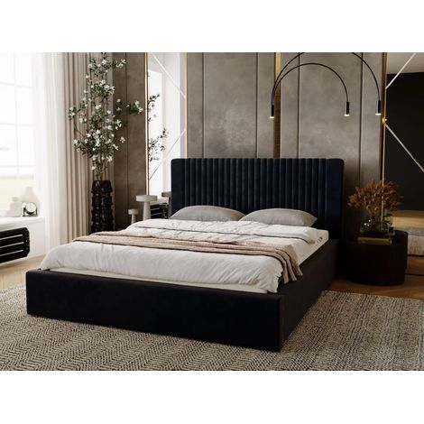 Lit rembourré avec rangement 200x200 velours bleu Malmo (1/4)
