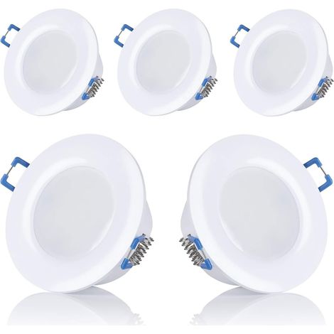 Lot de 5 spots LED, encastrables, pour salle de bain, IP44, 230 V, ultra plats, 5 W, disponibles en blanc chaud et blanc froid, ronds, blanc, pour salle de bain,Diamètre d'ouverture : 75-80mm [Classe (1/4)