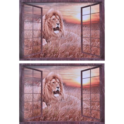 2 pièces Autocollant Mural 3D Vue Fenêtre Résistant Lion Motif Animal Papier Peint (1/5)