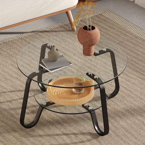Table basse à cadre métallique rétro minimaliste en verre trempé double couche,apporte une touche d’élégance à votre salon-Da (1/5)